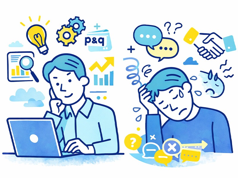 INTP論理学者の性格と仕事観を表したイラスト|分析思考が強く自由な環境で力を発揮する一方、対人調整で疲れやすい特徴を表現