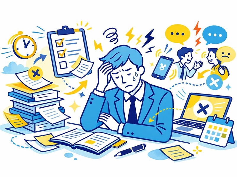 INTP論理学者が向いていない仕事の傾向を示すイラスト|感情配慮や即時対応、厳格なルールや頻繁なコミュニケーションで消耗しやすい職業の特徴