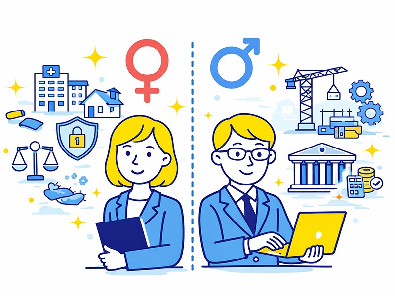 ISTJロジスティシャンの適職を男女別に整理し、男性と女性それぞれが力を発揮しやすい仕事の傾向を示したイラスト