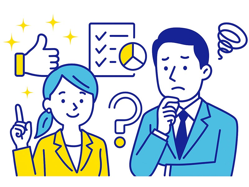 ISTJが転職で強みを活かすポイントと注意点を表現したイラスト。正確さや継続力を示すアイコンと、慎重さによる課題を示す要素を配置。