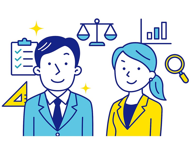 ISTJの向いている仕事を表す男女のビジネス人物イラストとチェックリストや分析アイコンの画像