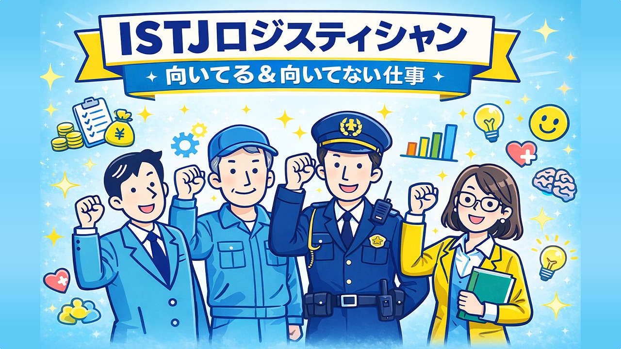 ISTJロジスティシャンに向いてる仕事・向いてない仕事を、銀行員・工場スタッフ・警察官・図書館司書のイラストで分かりやすく解説した画像