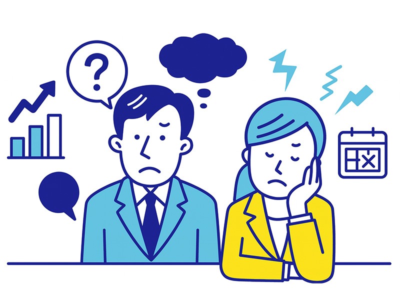 ISTJが向いていない仕事の傾向を示す、悩んだ表情の男女ビジネスパーソンとストレス要因アイコンのイラスト