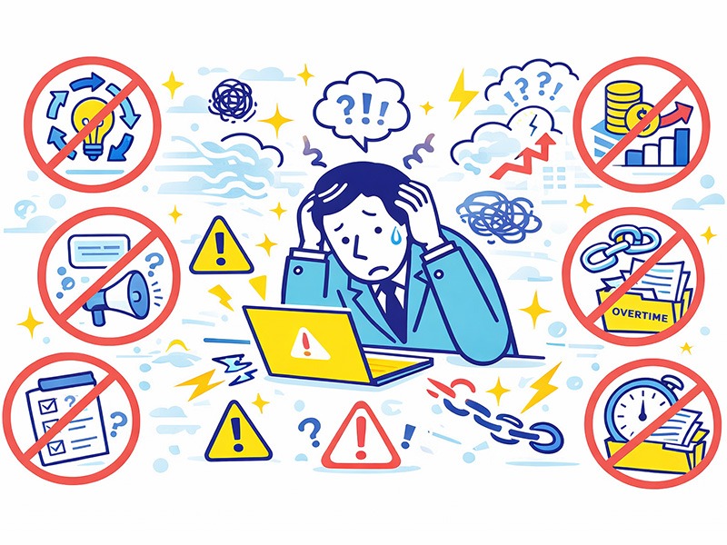 ISTJロジスティシャンが向いていない仕事の特徴を整理し、負担を感じやすい環境や努力が報われにくい理由を示したイラスト