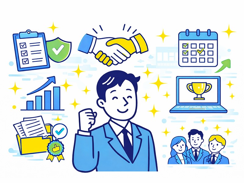 ISTJロジスティシャンが仕事で嬉しいと感じる瞬間を整理し、達成感や安心感につながる条件を示したイラスト