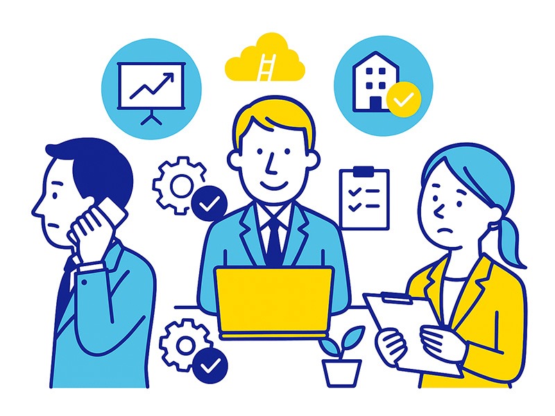 ISTJが長く働ける職場環境の条件をイメージしたイラスト。落ち着いて作業できる環境や男女で異なる負担の違いを表現。