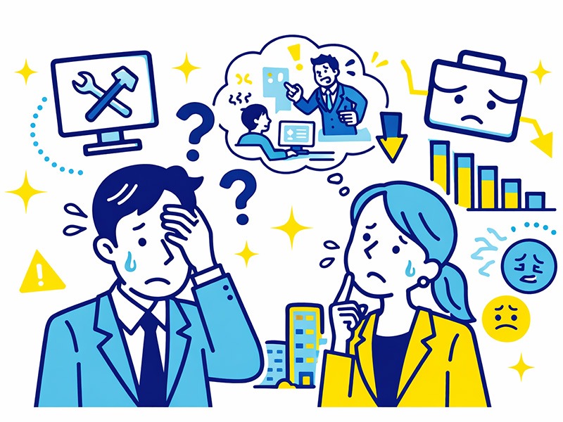 転職で後悔する失敗パターンをイメージしたイラスト。悩む男女と仕事・職場環境・条件の見落としを表すアイコンを描いた図（転職 失敗あるある）