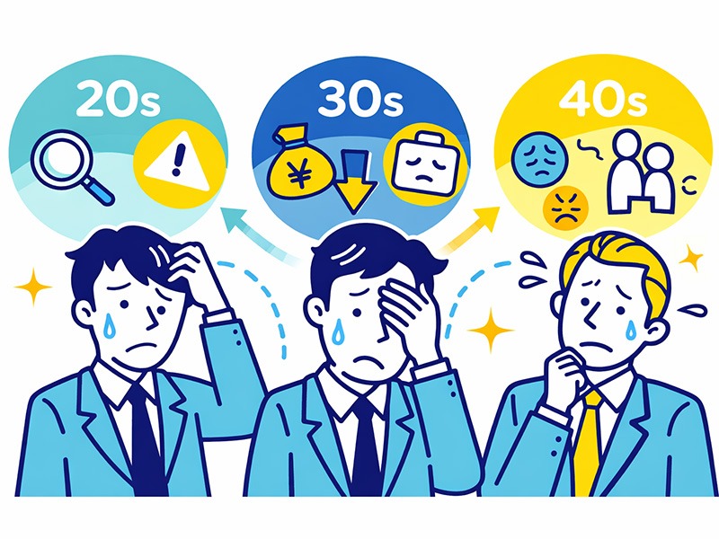 転職で後悔する年代別の失敗傾向をイメージしたイラスト。20代・30代・40代それぞれの転職後悔リスクを表すアイコンと悩む人物を描いた図（転職 後悔 年代別）