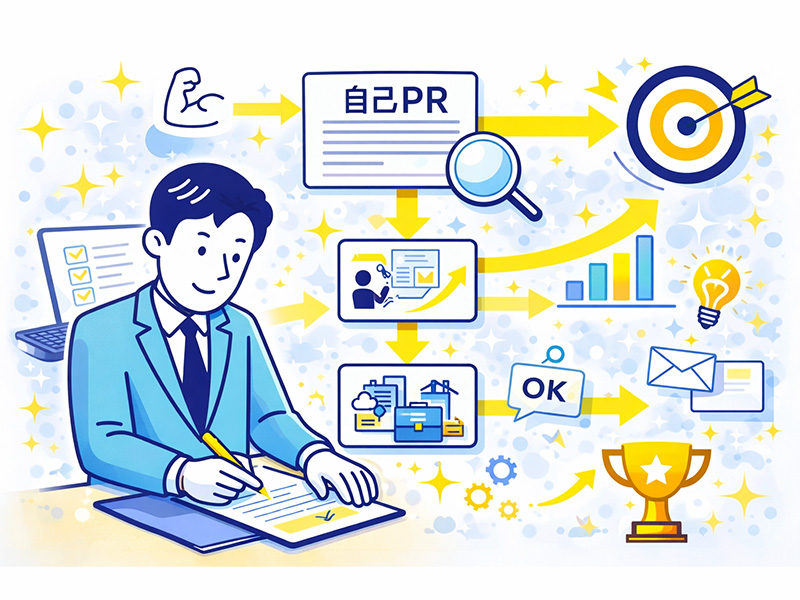 転職で評価される自己PRの構成を整理し、強みや貢献イメージを分かりやすく伝える流れを表したイラスト