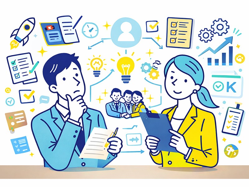 転職における自己PRの書き方を解説するイメージイラスト。職務経験を再現性のあるアピールポイントとして整理する様子