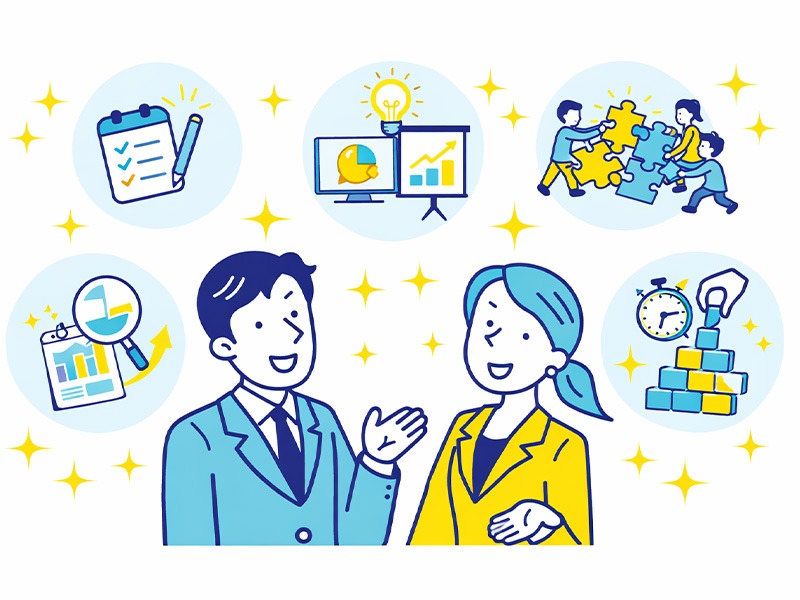 就活のグループワークでよく出題されるテーマ例を整理し、テーマへの向き合い方や協力の進め方をイメージしたイラスト