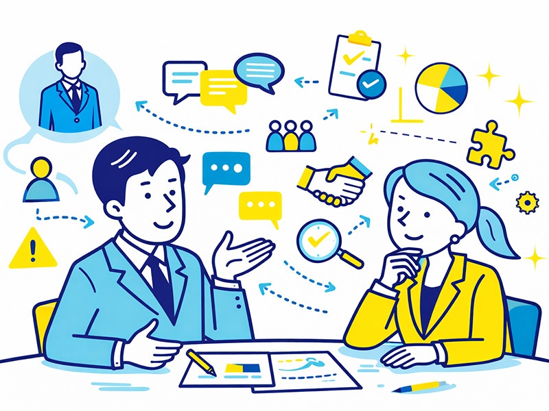 就活のグループワークで企業が学生の協調性や関わり方を評価する目的を表したイラスト