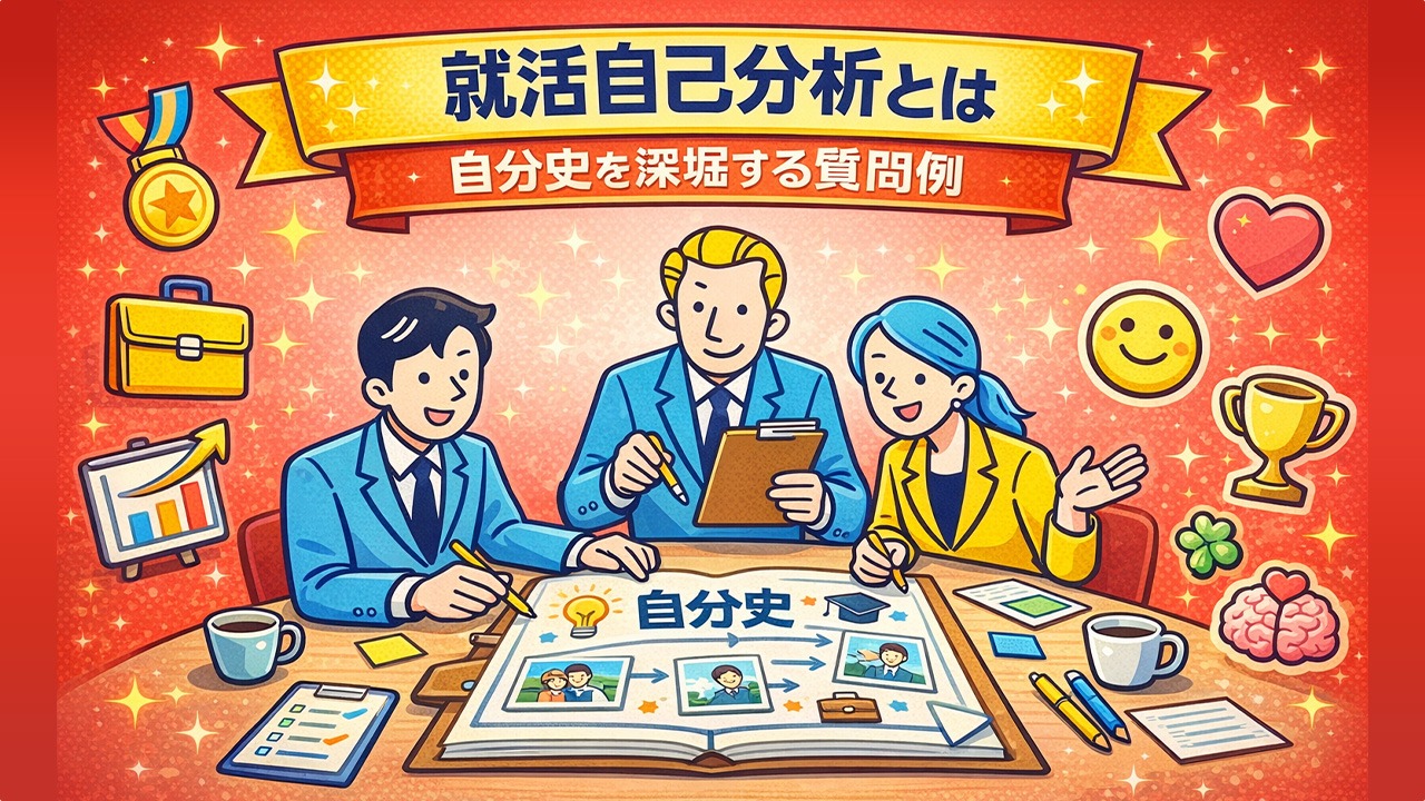 就活自己分析とは何かを解説するイラスト。3人の男女が協力して自分史を作りながら自己分析を進めている様子