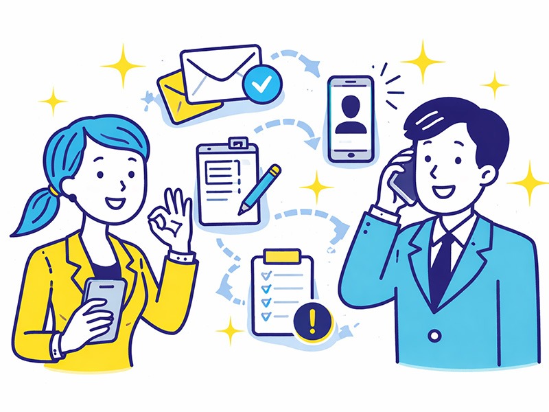 転職での内定辞退の伝え方として電話とメールを使い分け、丁寧に連絡する様子を表したイラスト