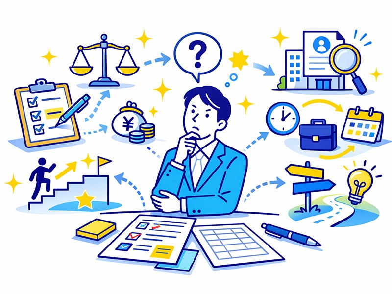 内定辞退を迷うときの判断軸を整理し、転職で条件やキャリアを比較検討する様子のイラスト