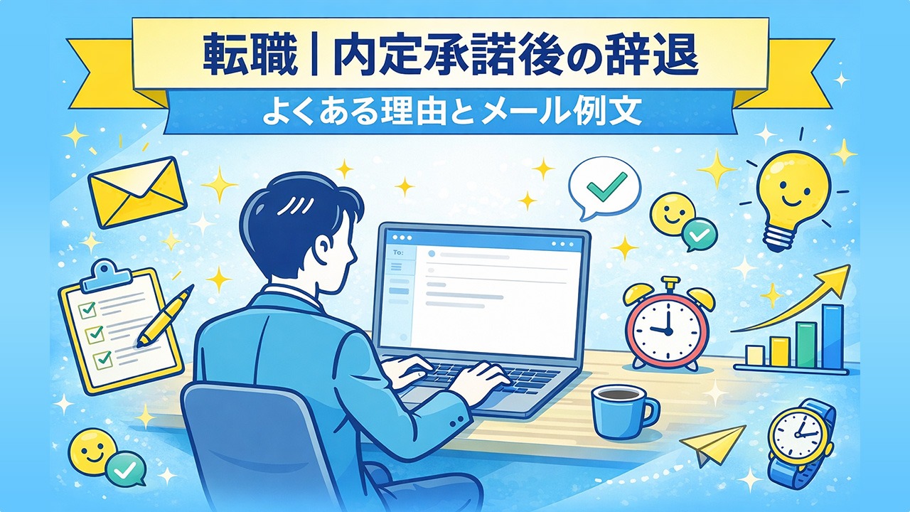 転職の内定承諾後に辞退する際の理由とメール例文を解説するイラスト（パソコンでメール作成する社会人）