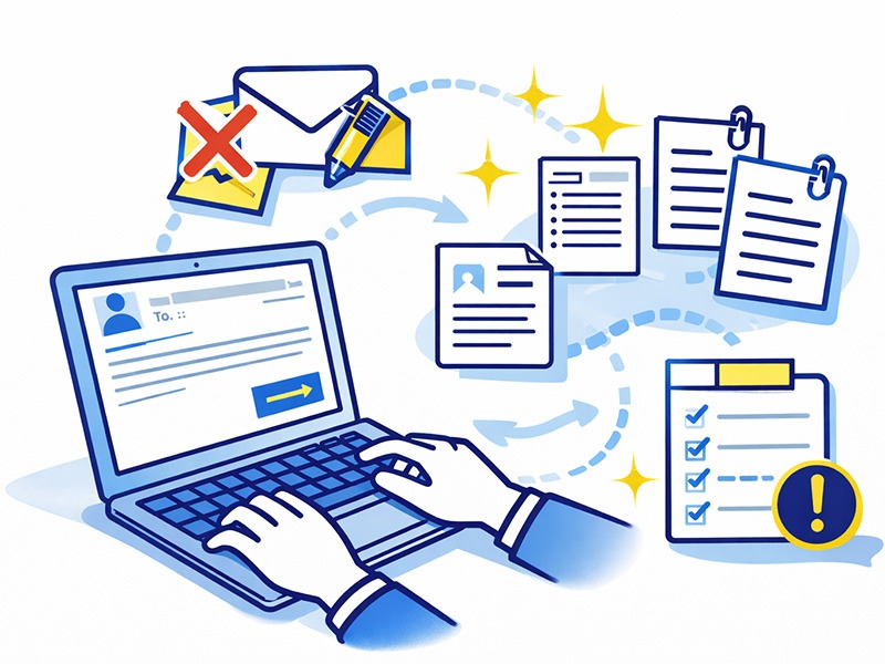 内定辞退メールの正しい書き方として構成や例文を整理し、転職で丁寧に辞退連絡を行う様子のイラスト