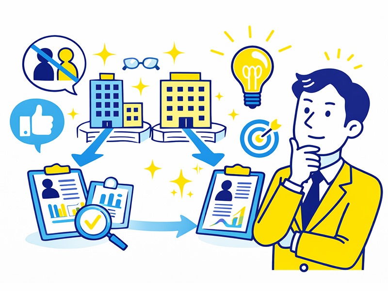 転職エージェントを使わないメリットを表すイラスト。自分で企業を比較し主体的に転職活動を進める求職者のイメージ