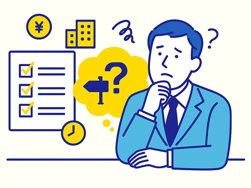 転職で後悔しないためのチェックリストを前に、判断軸の整理を考える社会人のイラスト