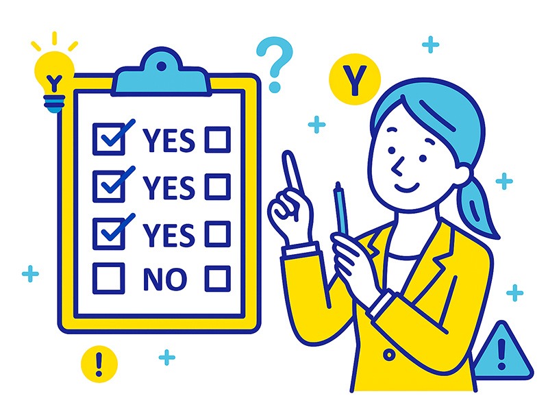 転職で後悔しないチェックリストを使って、転職先の決め方を自己診断しているイメージ