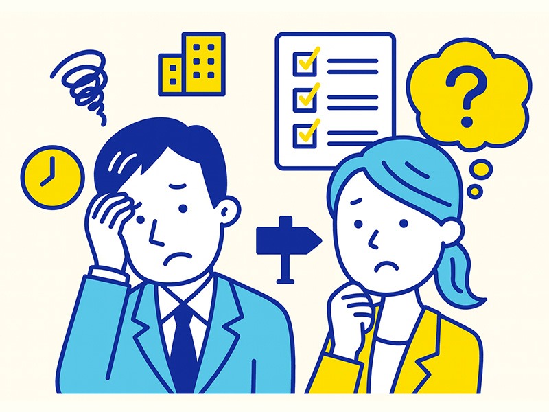 転職後に後悔や失敗を感じる社会人が、決め方や確認不足に気づく様子を表したイラスト