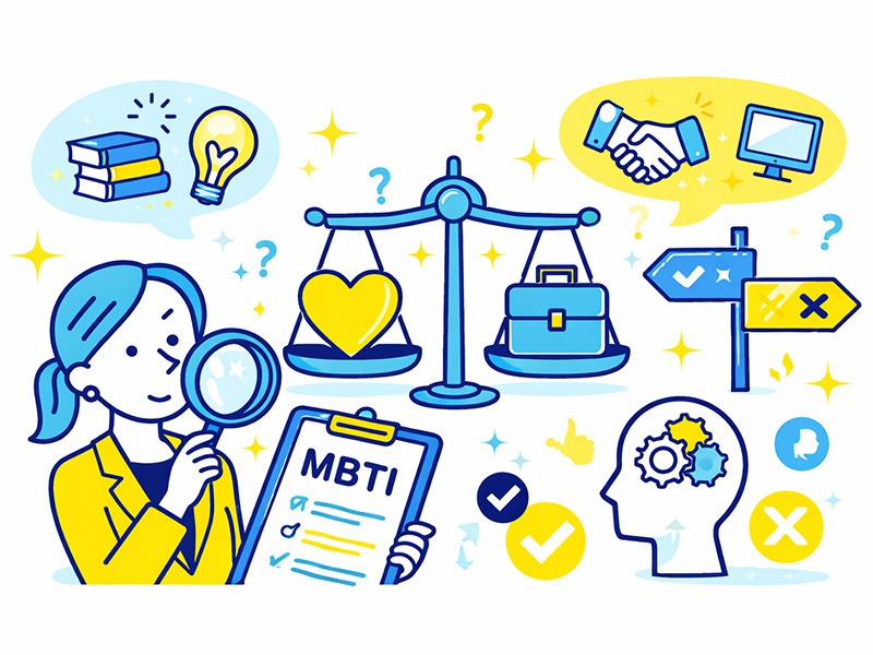 MBTIと向いている仕事の基本を整理し、性格傾向と職業適性の関係を冷静に判断する考え方を示したイラスト
