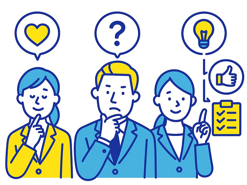 MBTIで適職を見つける判断軸を表すイラスト。性格の向き不向きや価値観の相性を整理するイメージとして、複数の社会人と特徴アイコンを配置した構成。