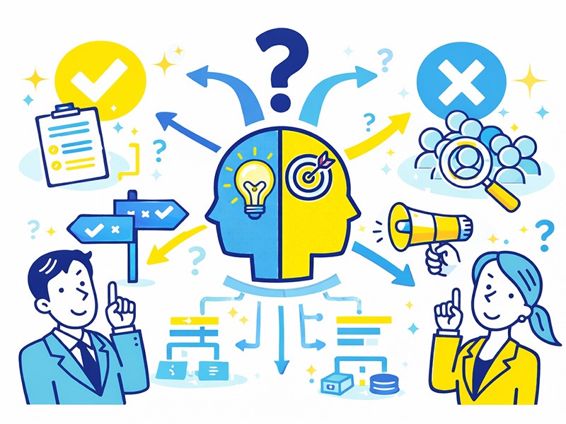 MBTIで向いている仕事を判断する軸を整理し、仕事内容や役割との相性から適職を見極める考え方を表したイラスト