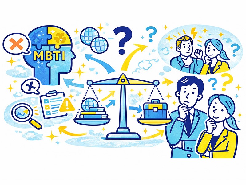 MBTIで仕事を判断する際の注意点と限界を整理し、診断結果を過信せず現実的に適職を考える視点を表したイラスト