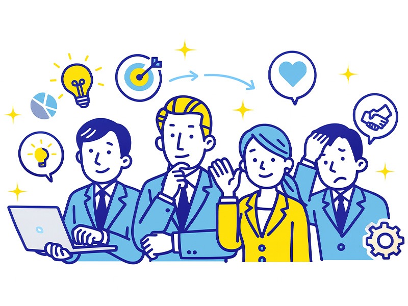 MBTIと仕事選びの基本ポイントを表すイラスト。性格タイプの強みや職場の相性を整理するイメージとして、多様な社会人とアイコンを配置したフラットデザイン。