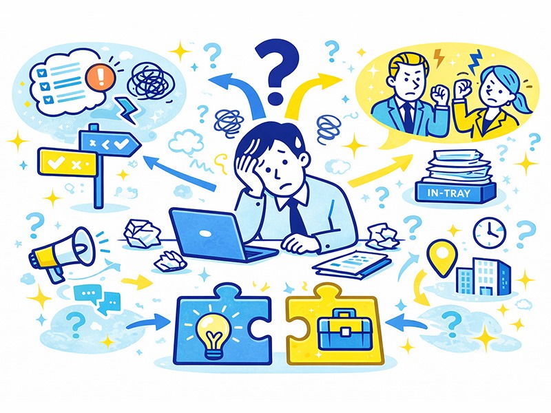 MBTIと仕事の悩みを整理する視点を示し、性格傾向と職場環境の相性からストレスの原因を捉えるためのイラスト