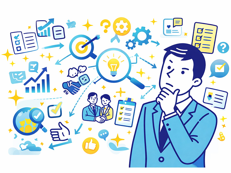 企業が中途採用で自己PRを見る評価視点を表したイメージイラスト。転職における自己PRの書き方と行動プロセスの重要性を示している