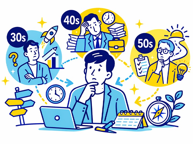 ミッドライフクライシスの年代別特徴を表すイラスト。30代・40代・50代で異なる悩みや将来不安、キャリア停滞、人生設計の見直しなどを示したイメージ。