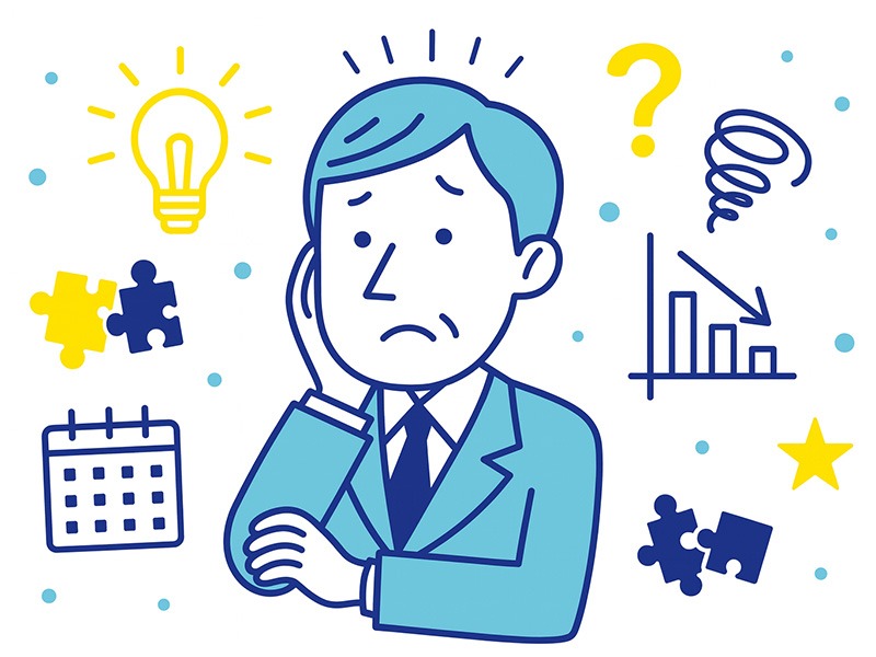 ミッドライフクライシスとは何かを示すイラスト。30代40代50代の男性女性が仕事やキャリアに「このままでいいのか」という不安を感じている状態を表現している。