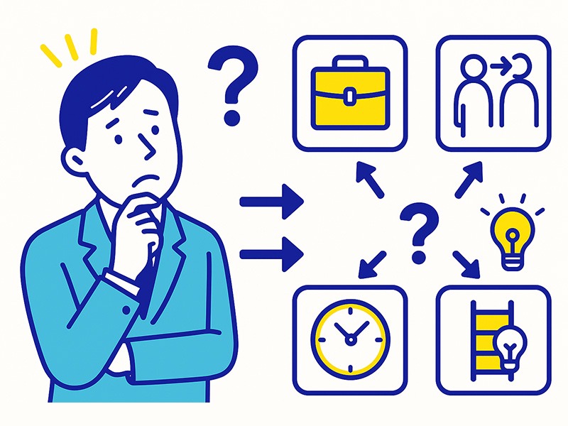 ミッドライフクライシスの乗り越え方を示すイラスト。30代40代50代の仕事やキャリア不安に対し、転職だけでなく異動や働き方調整、キャリア再設計など複数の選択肢を整理している。