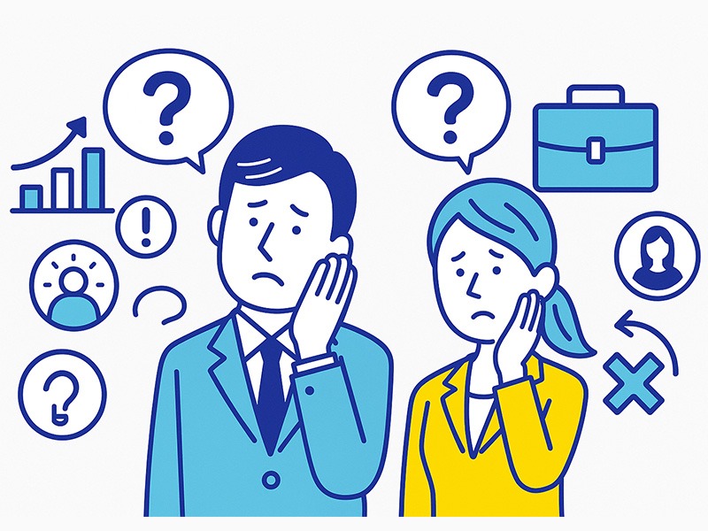 ミッドライフクライシスにおける男女別の不安を示すイラスト。30代40代50代の男性は評価や市場価値、女性は仕事継続や環境変化への不安を抱えやすい傾向をランキング形式で表現している。