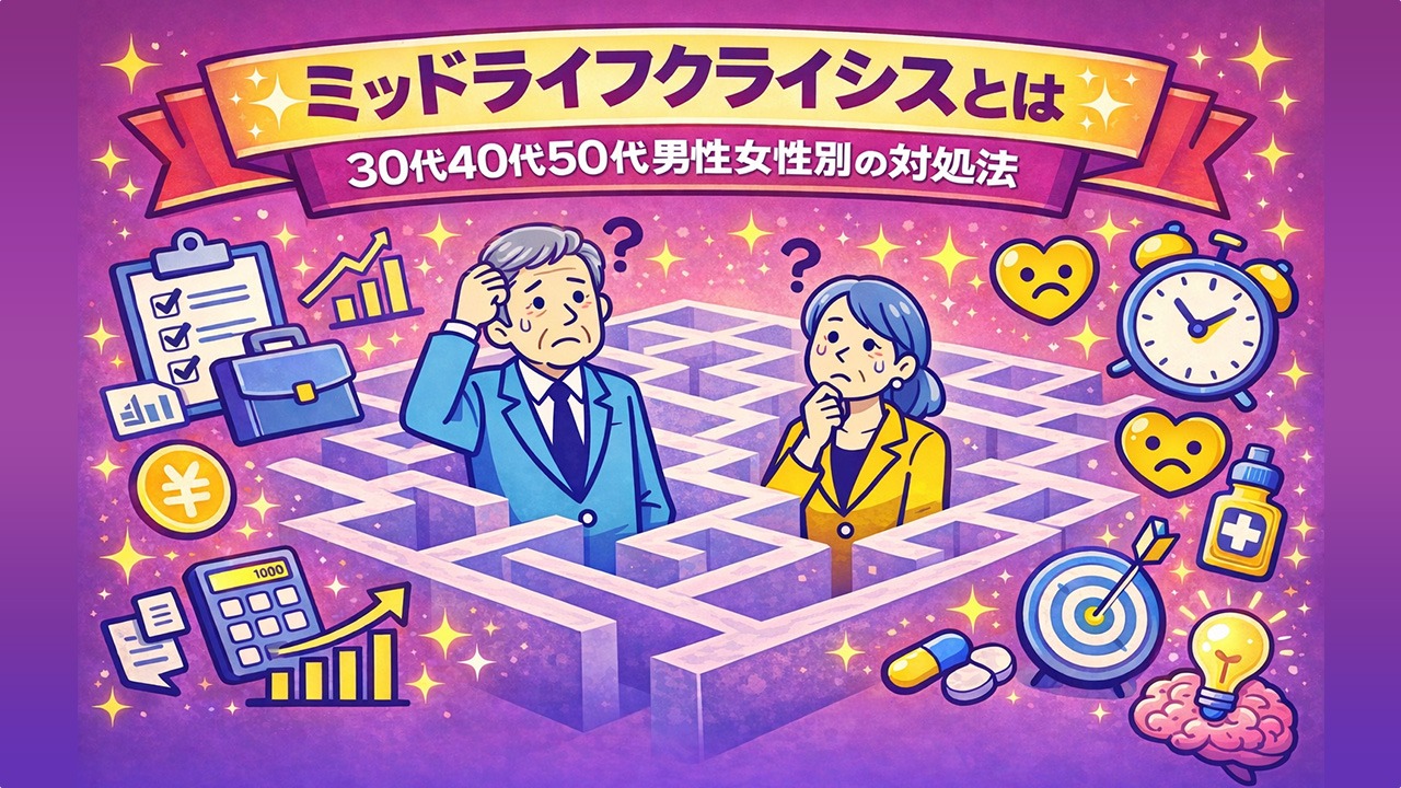 ミッドライフクライシスに悩む50代の男女会社員が迷路の中で将来や仕事・メンタル・時間について迷っている様子を表したイラスト