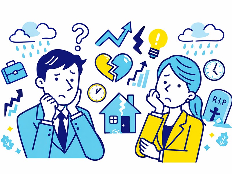 ミッドライフクライシスとは何かを表すイラスト。30代後半〜50代の男女が仕事・人生・時間などのアイコンに囲まれ、将来やキャリアに迷う心理状態を示している。