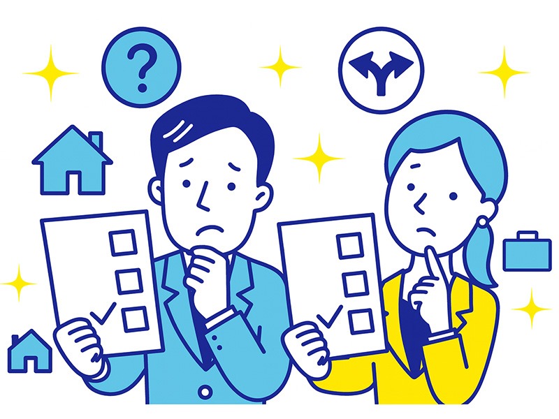 ミッドライフクライシスにおける不安診断として、30代・40代・50代の仕事やキャリアの立ち位置をチェック項目で整理するイメージイラスト