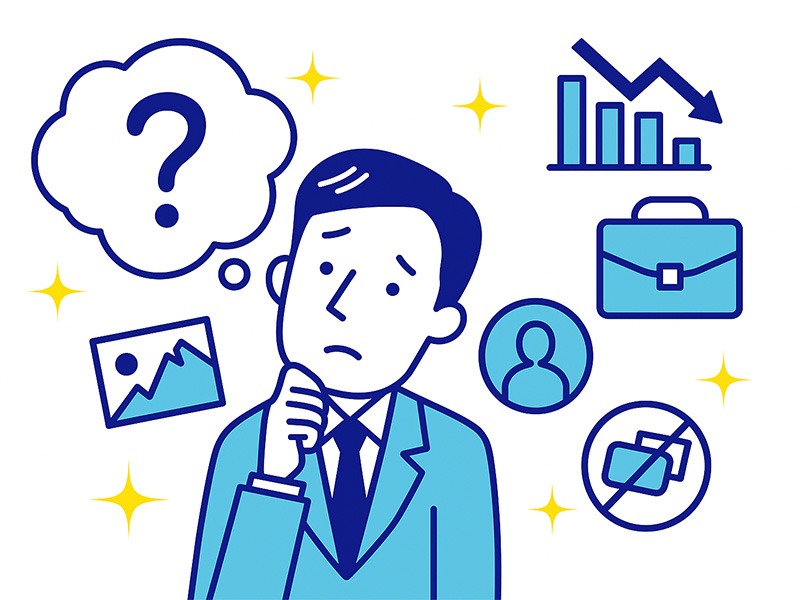 ミッドライフクライシスによる仕事の悩みを表したイラスト。30代40代50代で増える転職や評価、将来像への不安をランキング形式で整理している。