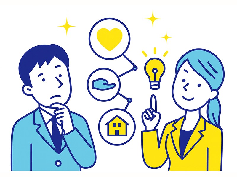 就活の企業研究で志望理由を整理する様子を表したイラスト。企業の魅力と自分の行動特性を結びつけて志望動機を組み立てるイメージ。