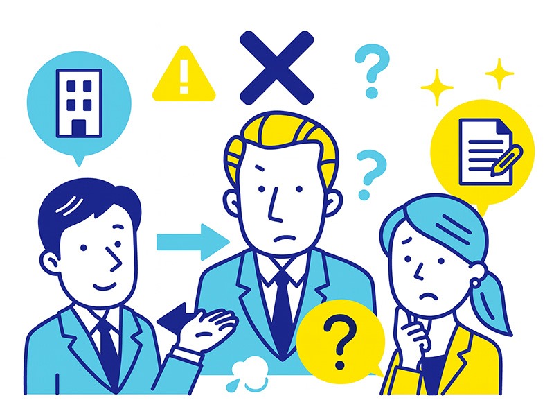 転職エージェントへの内定辞退の基本理解を表すイラスト。エージェントが企業との間に入り、辞退手続きを取次ぐ流れを示した構図。