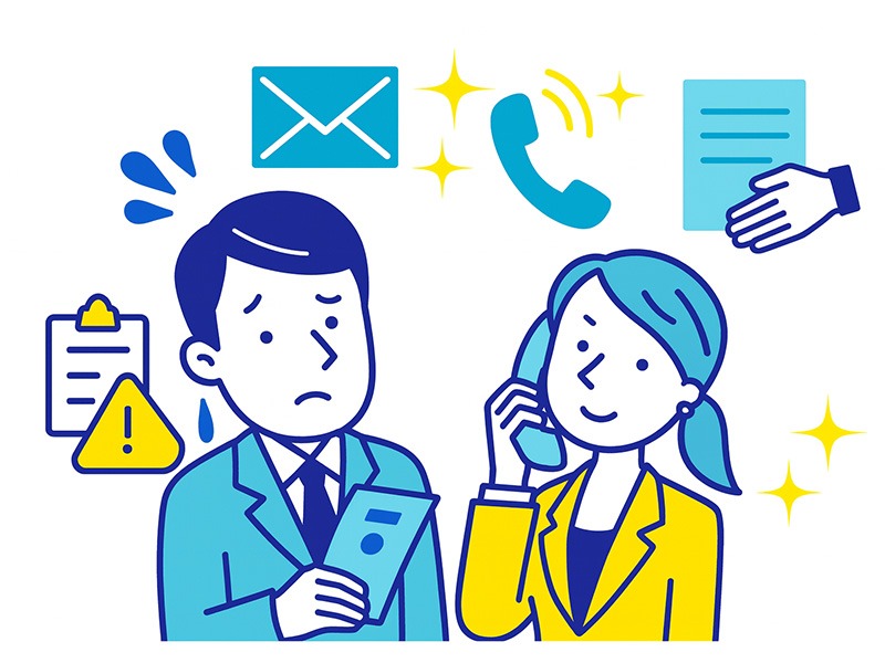 就活の内定辞退に悩む新卒が、メール連絡と電話対応の流れを確認している様子を描いたイラスト。内定承諾後辞退の基本手順と注意点をイメージしやすい構図。