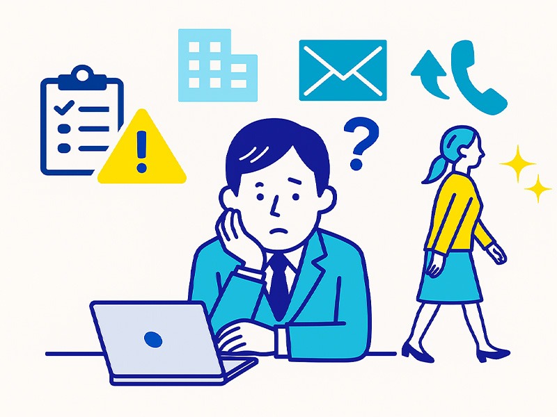 就活の内定辞退に悩む新卒が、メール連絡や電話、企業への対応をイメージしながら迷っている様子を描いたイラスト。内定辞退の基本と流れを視覚的に理解できる構図。