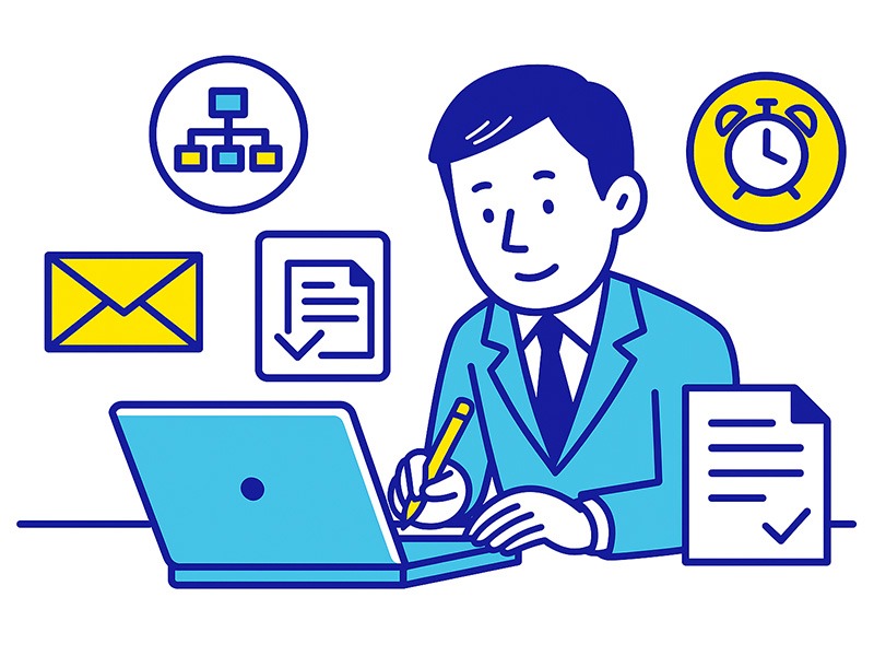 内定辞退メールの正しい書き方と例文をまとめたアイキャッチ画像。社会人がパソコンでメール文面を確認している様子を描いたイラスト。