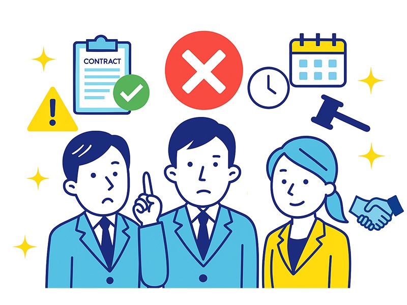 転職の内定辞退を検討する社会人が注意点を整理している様子を表すイラスト。内定承諾後や内々定承諾後の辞退が可能である点や判断基準を視覚的に示した構図。