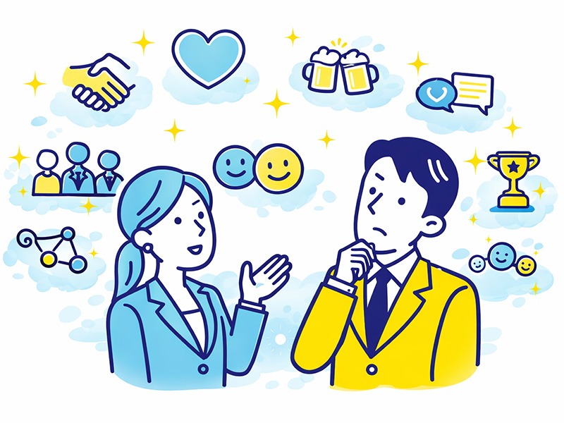 就活のOBOG訪問で社風や人間関係について質問し、職場の雰囲気や価値観を読み取る様子を表したイラスト。聞くべき質問リストの考え方を示している。