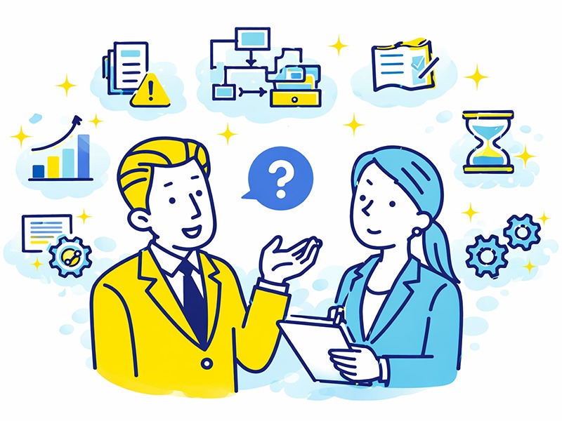 就活のOBOG訪問で仕事内容について質問し、業務の流れや裁量、負荷を具体的に理解する様子を表したイラスト。聞くべき質問リストの考え方を示している。