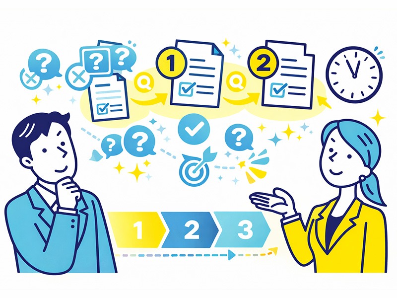 就活のOBOG訪問で質問は何個が適切かを考えるイラスト(質問数の目安と時間配分の考え方)