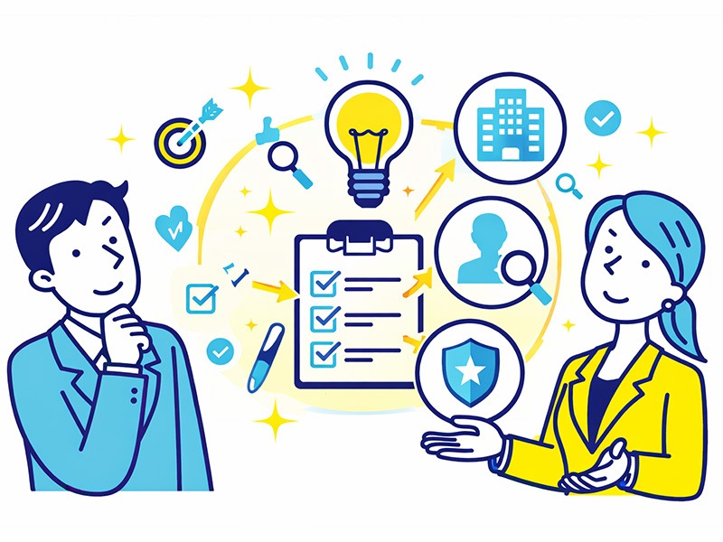 就活のOBOG訪問で質問を設計する考え方を表現したイラスト(企業理解・自己分析・志望動機の3軸)